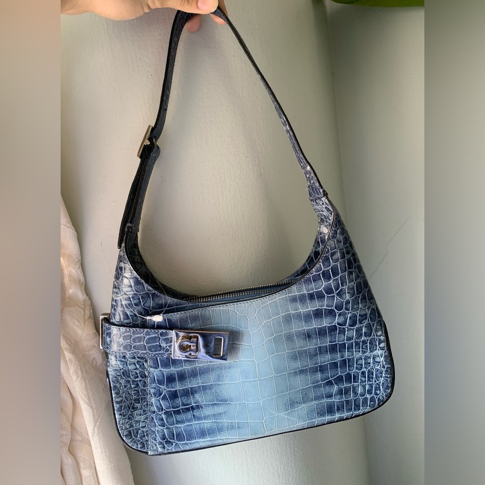 Ferragamo blue crocodile embossed shoulder bag